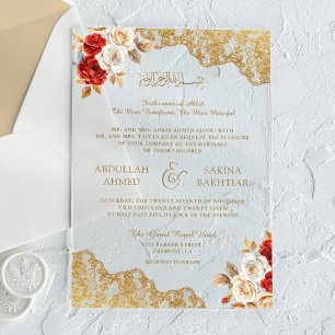 Invitaciones Acrílicas Boda Musulmana de Encaje Dorado Floral Marfil Rojo