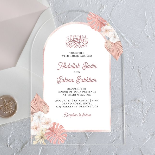 Invitaciones Acrílicas Boda Musulmana del Arco Floral Rosa Boho (Subido por el creador)