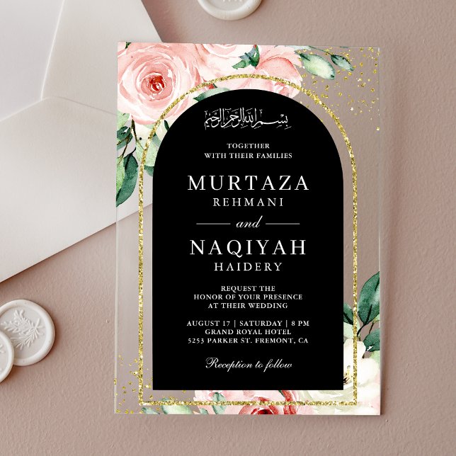 Invitaciones Acrílicas Boda musulmana del Arco Negro Floral Rosa (Subido por el creador)