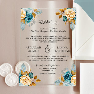 Invitaciones Acrílicas Boda Musulmana Floral Crema Azul Dorado