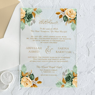 Invitaciones Acrílicas Boda Musulmana Floral Dorada Crema Verde