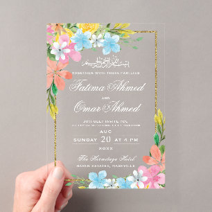 Invitaciones Acrílicas Boda Musulmana Islámica Blanca con Borde Dorado Fl