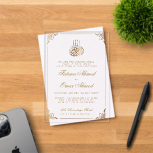 Invitaciones Acrílicas Boda musulmana islámica blanca ornamentada con mar