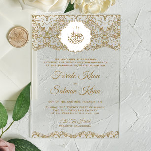 Invitaciones Acrílicas Boda Musulmana Islámica con Encaje Dorado