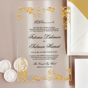 Invitaciones Acrílicas Boda Musulmana Islámica Floral Dorada