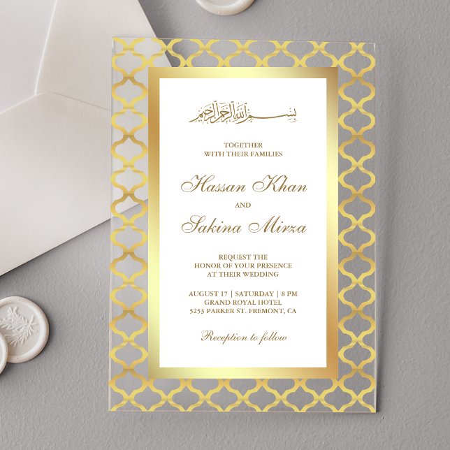 Invitaciones Acrílicas Boda musulmana marroquí de oro con cuatro hojas (Subido por el creador)