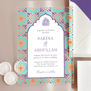 Invitaciones Acrílicas Boda Musulmana Mosaico Persa Púrpura Verde Azul