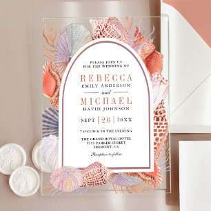 Invitaciones Acrílicas Boda Náutica Boho Rústica con Conchas Marinas