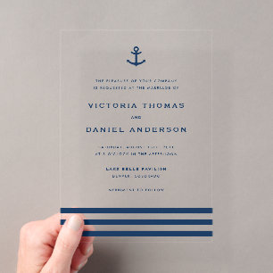Invitaciones Acrílicas Boda náutica con ancla azul marino moderna 