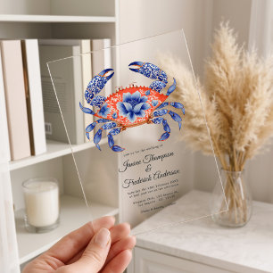 Invitaciones Acrílicas Boda Náutica Costera de Cangrejo Floral Azul Marin