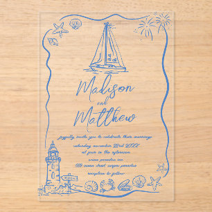 Invitaciones Acrílicas Boda náutica de barco de garabatos dibujados a man