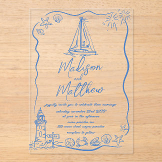 Invitaciones Acrílicas Boda náutica de barco de garabatos dibujados a man