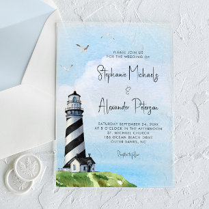 Invitaciones Acrílicas Boda náutica de faro con acuarela