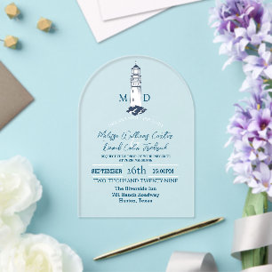 Invitaciones Acrílicas Boda náutica de playa junto al mar con faro