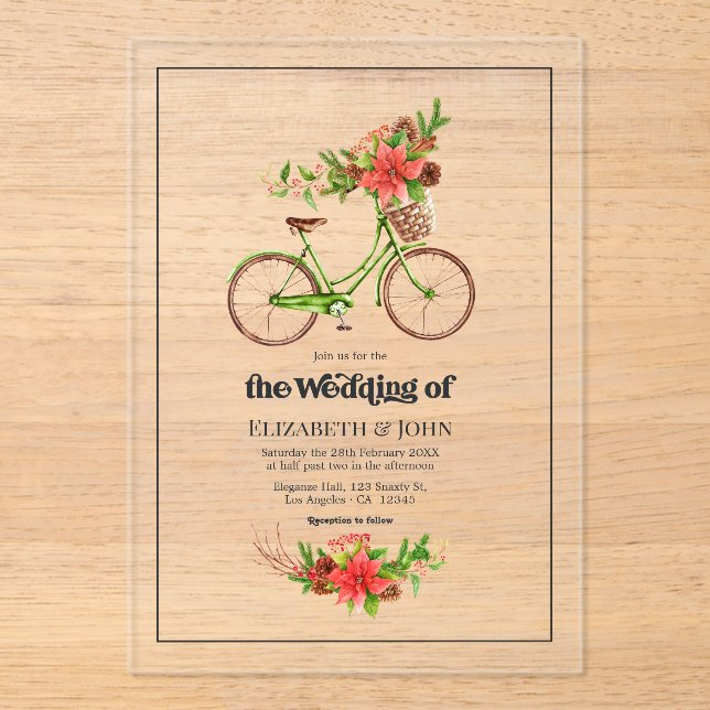 Invitaciones Acrílicas Boda Navideña Retro con Bicicleta (Anverso)