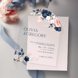 Invitaciones Acrílicas Boda Navy Blue y Rubor Pink Bouquet