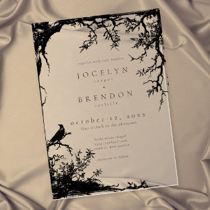Invitaciones Acrílicas Boda Negra Caoba Grabado Árbol Cuervo Gótico