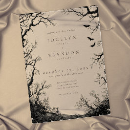 Invitaciones Acrílicas Boda Negra con Grabado de Murciélago Gótico en Árb