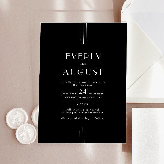 Invitaciones Acrílicas BODA negro de estilo Art Decó (EVERLY Modern Art Deco Black Wedding Acrylic Invitations)
