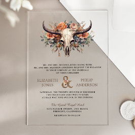 Invitaciones Acrílicas Boda Occidental de Cráneo de Vaca Floral Boho