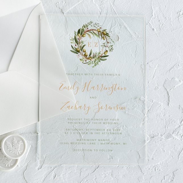 Invitaciones Acrílicas Boda Olive Wreath Green Gold (Subido por el creador)