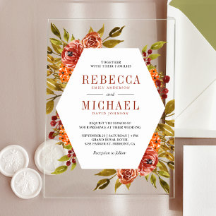 Invitaciones Acrílicas Boda Otoñal Floral Naranja Quemada Rústica