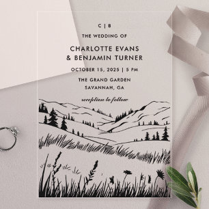 Invitaciones Acrílicas Boda paisaje de montaña negra