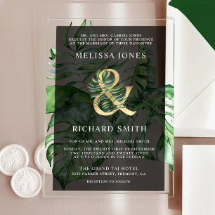 Invitaciones Acrílicas Boda Palma Monstera Dorada Tropical Negra