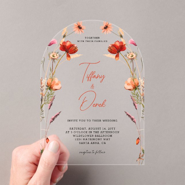 Invitaciones Acrílicas Boda Peach Red Wildflowers (Insitu (portátil))