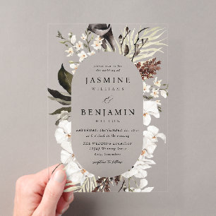 Invitaciones Acrílicas Boda playera floral en blanco y negro