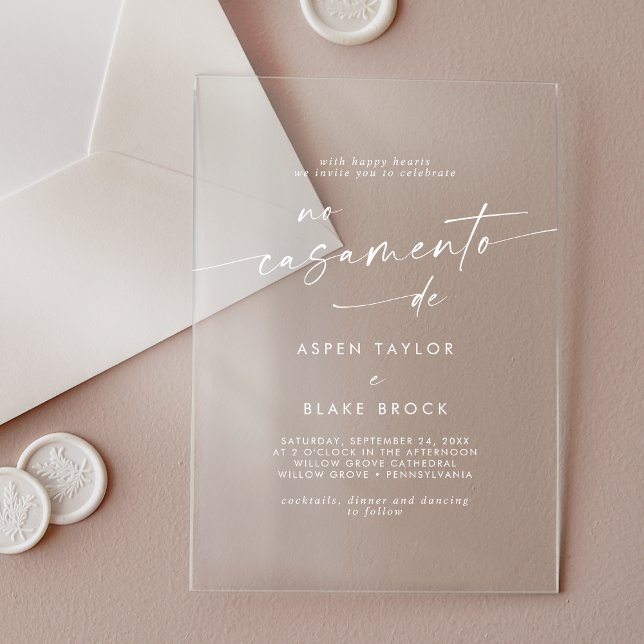 Invitaciones Acrílicas Boda portugués blanco de escritura moderna (Modern Script White Portuguese Wedding Acrylic Invitations)