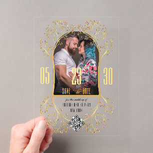 Invitaciones Acrílicas Boda Preppy Floral Gold QR CÓDIGO Guardar la fecha
