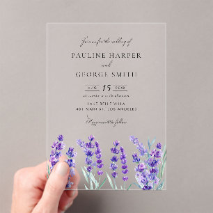 Invitaciones Acrílicas Boda Primaria de las Flores de Lavanda Acuarela
