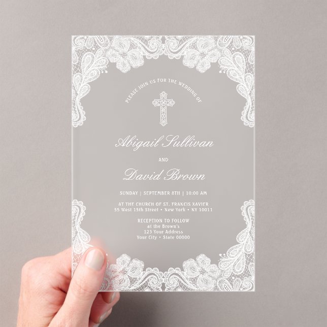 Invitaciones Acrílicas Boda religioso de encaje blanco (Insitu (portátil))