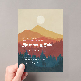Invitaciones Acrílicas Boda Retro de Montañas y Bosque Boho de los 70