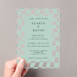 Invitaciones Acrílicas Boda Retro Groovy Green Checkerboard