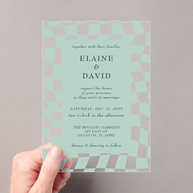Invitaciones Acrílicas Boda Retro Groovy Green Checkerboard (Insitu (portátil))