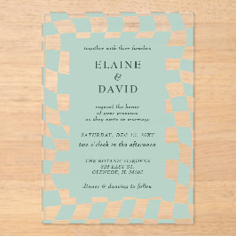 Invitaciones Acrílicas Boda Retro Groovy Green Checkerboard