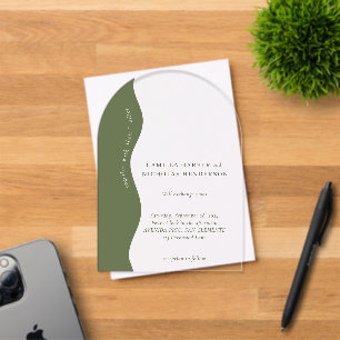 Invitaciones Acrílicas Boda Retro Ondulada Moderna Verde Oliva Oscuro