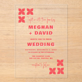 Invitaciones Acrílicas Boda rojo rosado del patrón de los 70 de Retro Gro