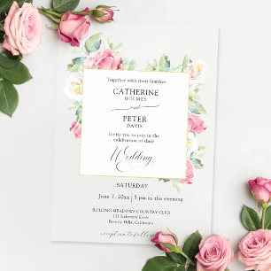 Invitaciones Acrílicas Boda Romántica con Rosas de Acuarela en Rosa y Mar