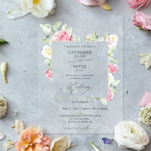 Invitaciones Acrílicas Boda Romántica con Rosas de Acuarela Rosa Beige/Ma
