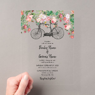 Invitaciones Acrílicas Boda Romántica de Bicicleta Vintage Flores y Pájar