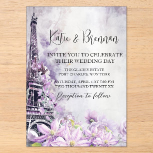 Invitaciones Acrílicas Boda Romántica de Lavanda en la Torre Eiffel