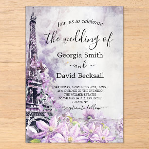 Invitaciones Acrílicas Boda Romántica de Lavanda en la Torre Eiffel