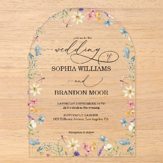 Invitaciones Acrílicas Boda Romántica Elegante Flores Silvestres Mariposa