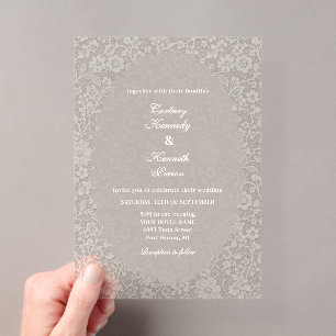Invitaciones Acrílicas Boda Romántica Marfil Elegante Vintage en Encaje B