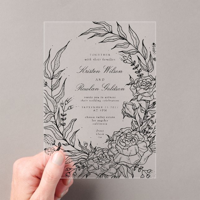 Invitaciones Acrílicas Boda romántico clásico de floral negra (Insitu (portátil))