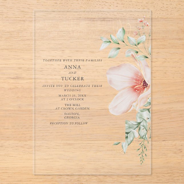Invitaciones Acrílicas Boda rosa floral (Anverso)
