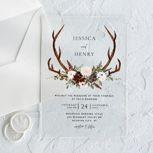 Invitaciones Acrílicas Boda Rústica Bohemiana Floral Cuerno de Ciervo